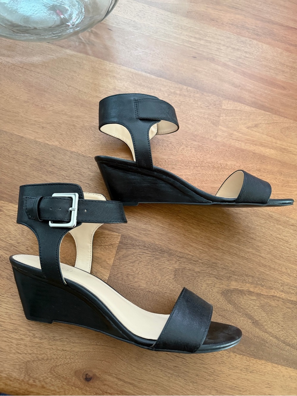 NINE WEST Black Wedge Ankle Strap Sandals with Silver Buckle - 8 - Picture 4 of 12